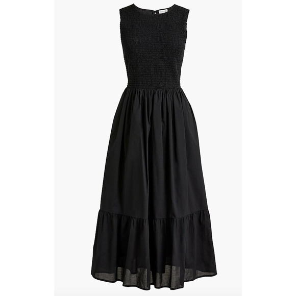 J.Crew Dress Petite XXS Black Smocked Midi Summer Party Work Picnic Preppy NWT - Picture 1 of 9